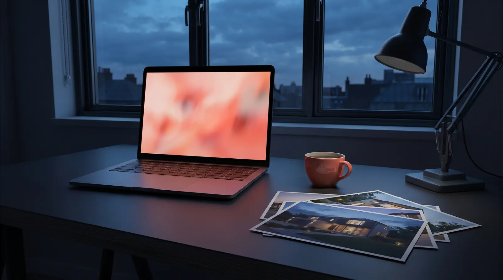 An open laptop glowing on a dark desk at dusk beside a fan of printed property photographs and a coffee cup.